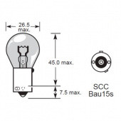 BAU15S: BAU15S (PY21W) single contact, single filament bulb with 15mm diameter base, offset pins and 25mm diameter glass from £0.01 each